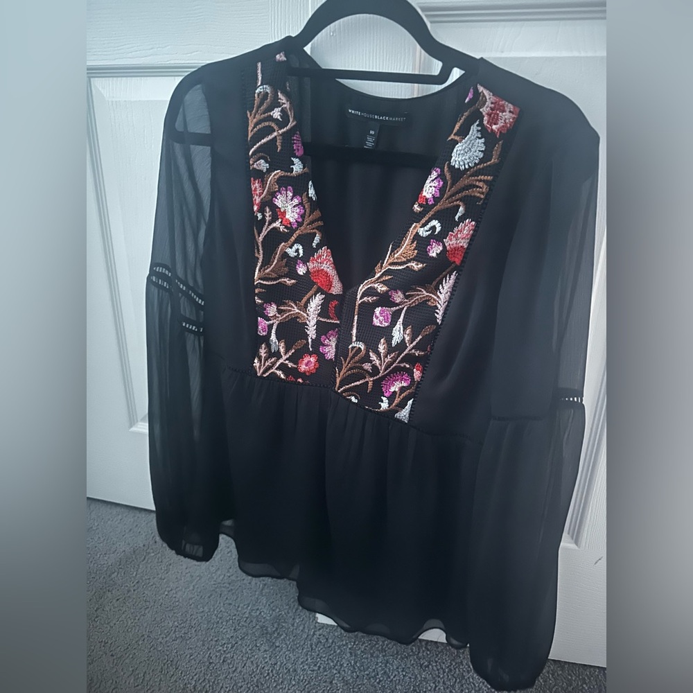 White House Black Market Black Sheer Blouse with Floral Embroidery